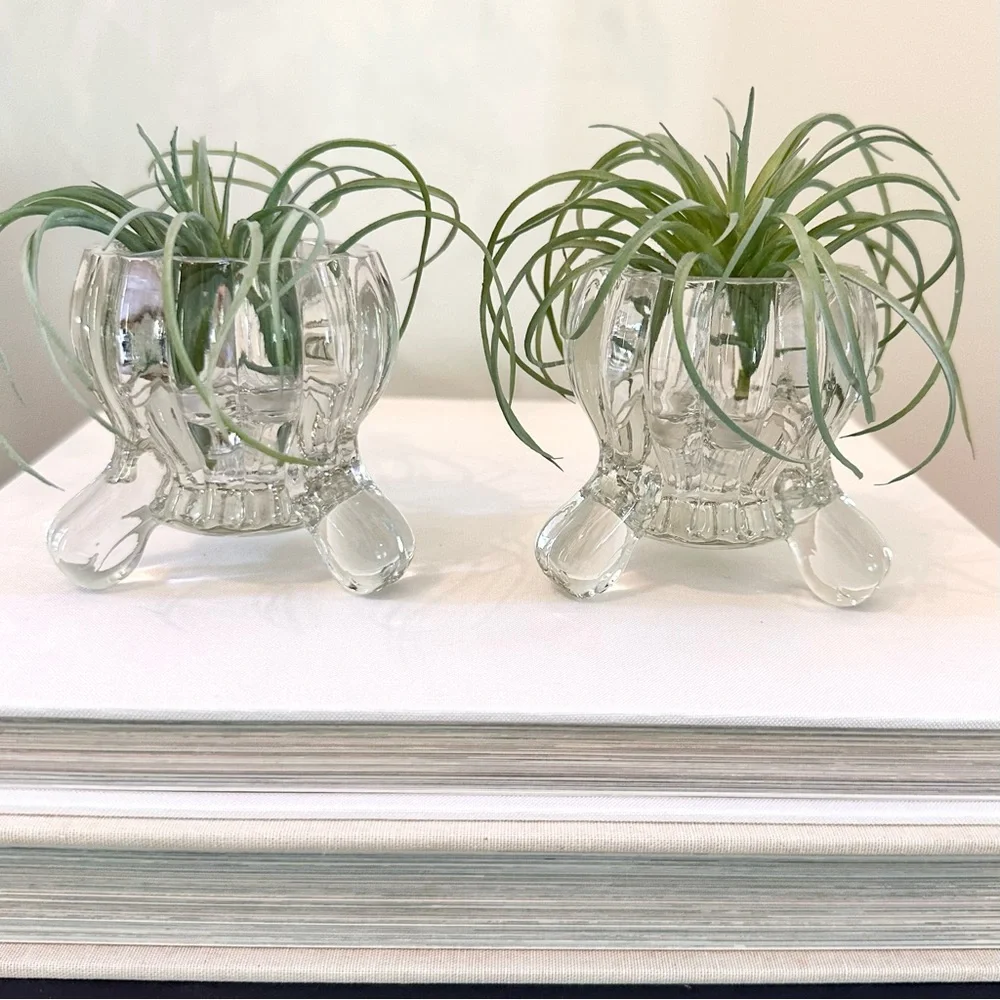 Lot Of 2 Vintage Clear Glass Footed Pillar Tea Light Candle / Air Plant Holders